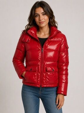 Martin + Osa red goose/feather down women's glossy red puffer jacket Sz S